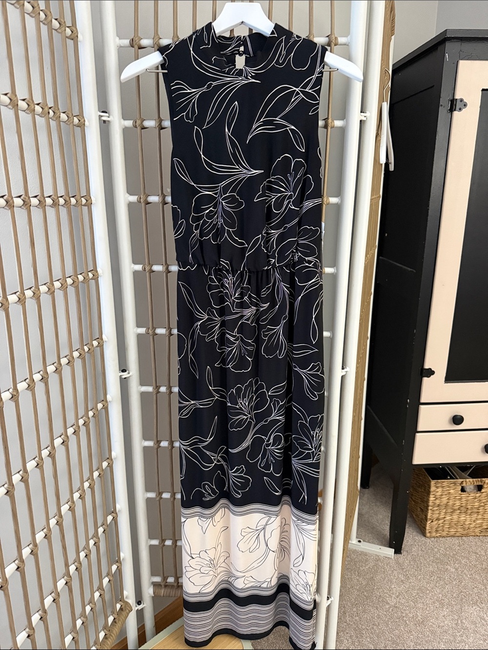 London Times Black Maxi Dress with Cream Floral Border